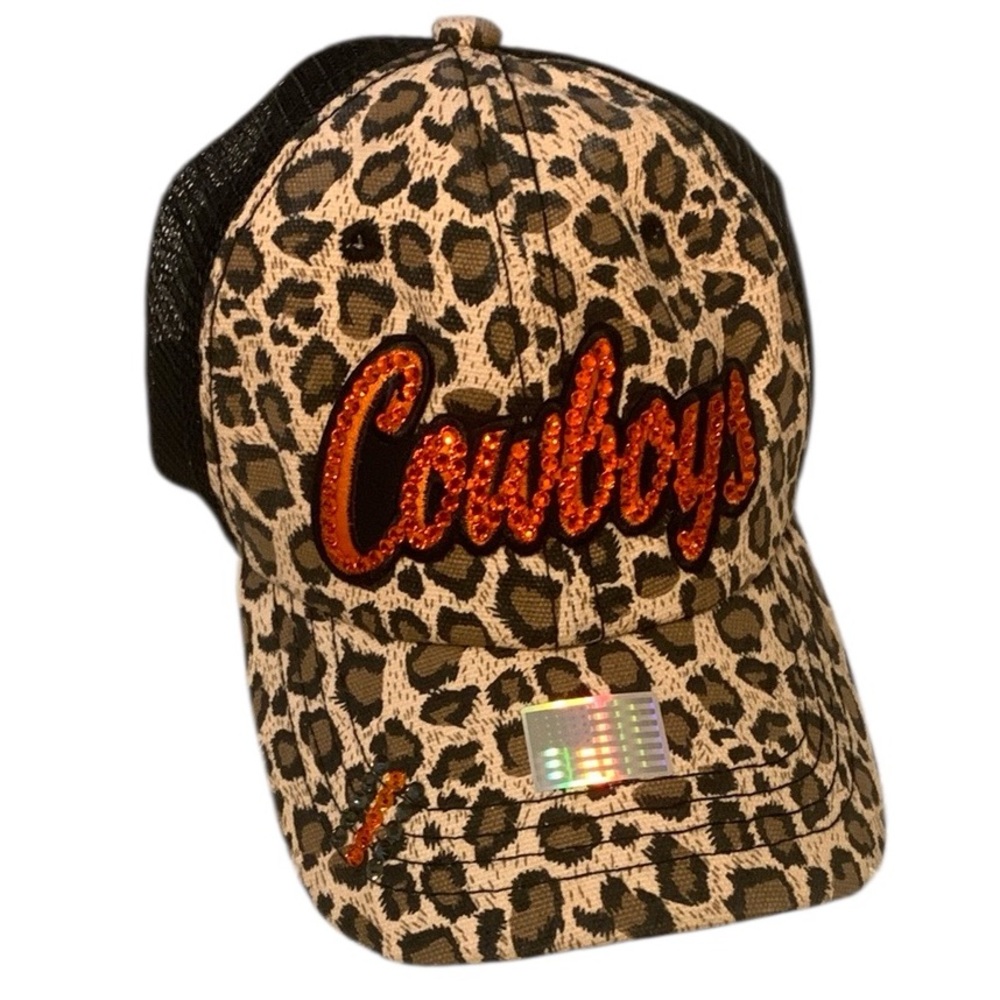 NWT OSU Cowboys Bling Trucker Leopard Print Womens Ball Cap Hat